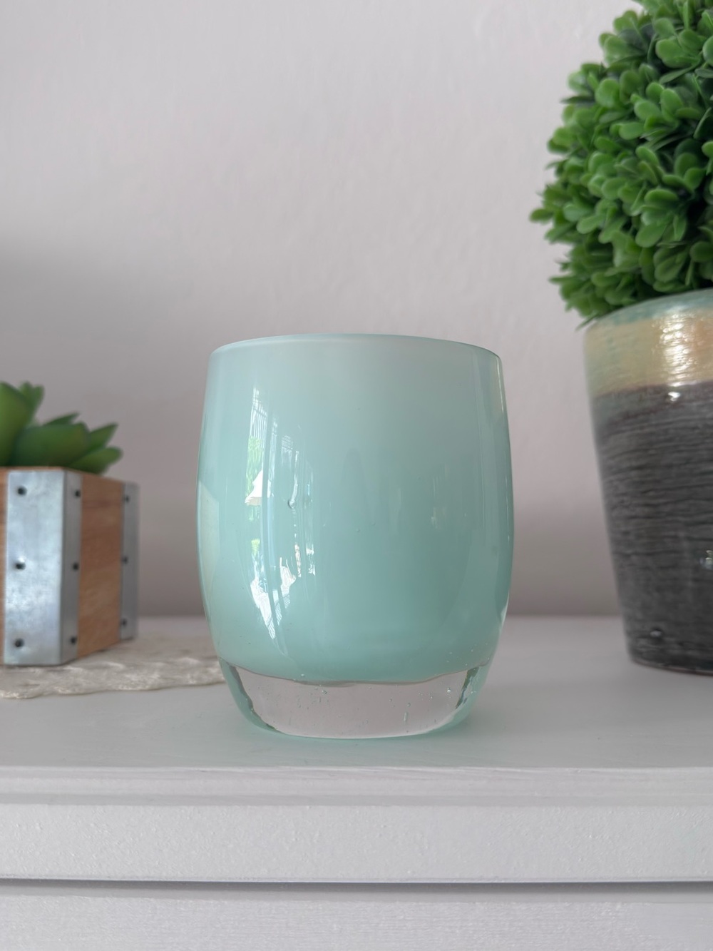 Glassy Baby Handcrafted Glass Candle Holder Thank you Mint Green